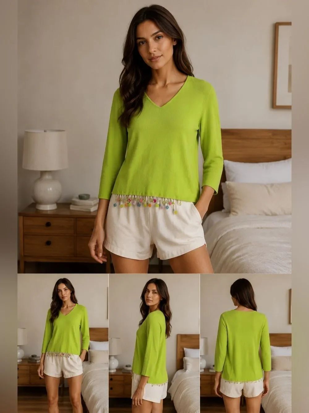 Joseph A Lime Green V-Neck Top Beaded Hem 3/4 Sleeve Size L